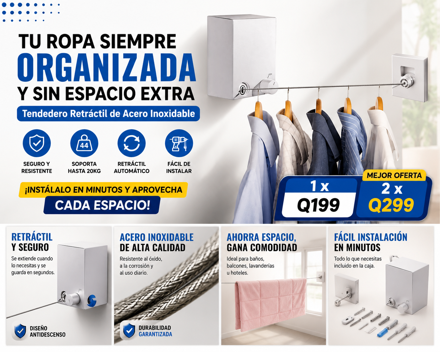 ¡MÁS ESPACIO Y MAS ORDEN! - Tendedero Retráctil + ENVÍO GRATIS 🎁
