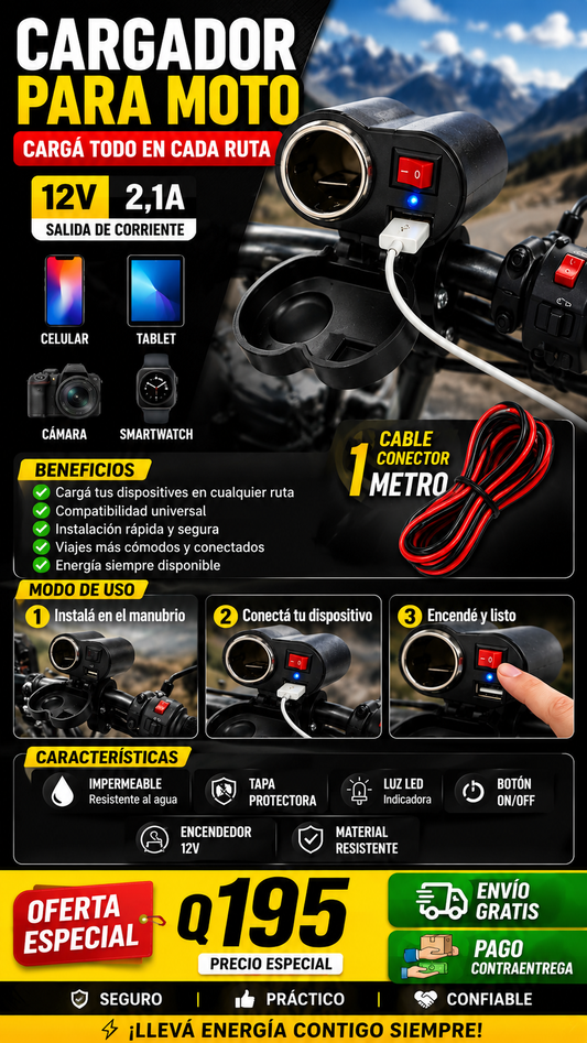 "OFERTA ESPECIAL" - Cargador de Celular para Motos Universal + ENVIO GRATIS 🚚